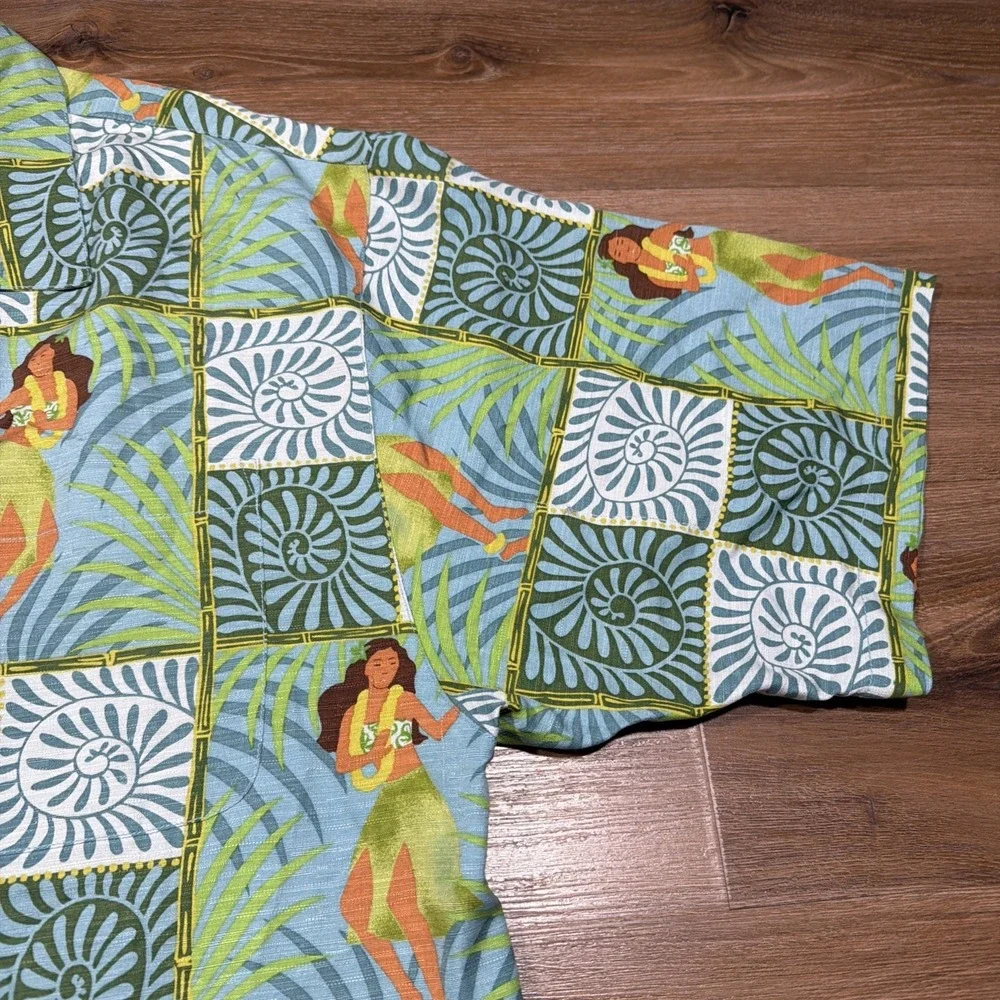 Tommy Bahama Shirt Mens XL Green Blue Hula Girl Hawaiian Silk Beach Casual Check
